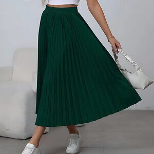 High Waist Solid Pleated Midi Skirt – Casual Loose Fit, Elegant & Versatile